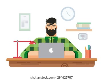 Man at a Desk in Front of Laptop flat design style