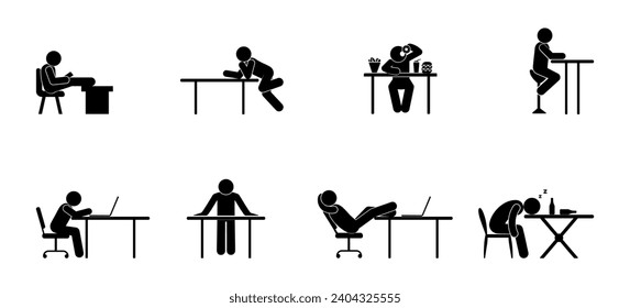 man and desk icon, office worker, stick figure human silhouette