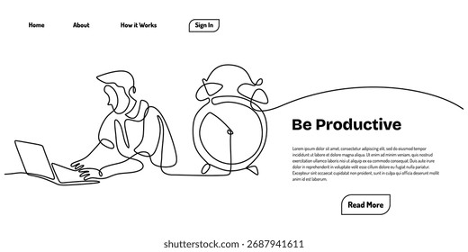 A man at a desk with a laptop and clock one line drawing. Working efficiently, hand drawn in minimalist style. Symbol of productivity and time management.