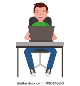 man with desk and laptop computer isolated icon