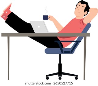 A man at desk with laptop on coffee break