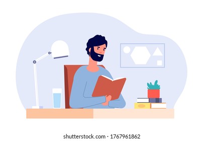 Man at desk. Male reading book, adult student prepare to examination. Self home education, free time or isolation period life. Professor or teacher with tutorials vector illustration