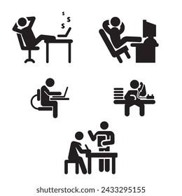 Man at desk in office case boss and man in front of laptop at home on freelance. Set of vector PNG icons