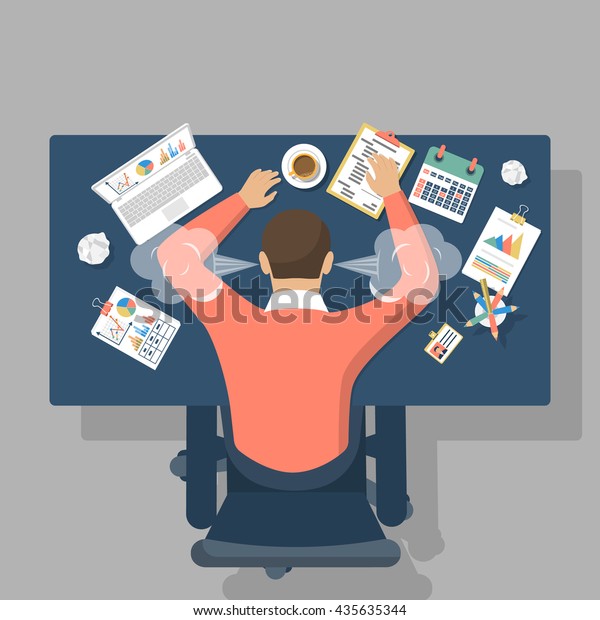 机に向かう人は 大変な仕事に打ちひしがれた ストレス 仕事の疲れ ベクターイラストフラットデザイン のベクター画像素材 ロイヤリティフリー