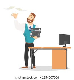 Man at the desk with pile of document. Tired worker in stress. Idea of deadline. Isolated vector illustration in cartoon style
