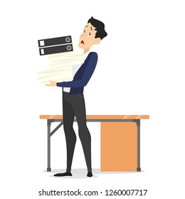 Man at the desk with pile of document. Tired worker in stress. Idea of deadline. Isolated vector illustration in cartoon style