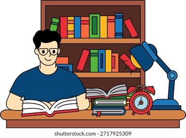 Um homem na mesa lendo um livro