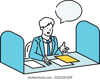 A man at a desk with a speech bubble.	
