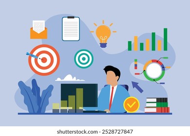 Hombre en el escritorio estudiando gráficos y gráficas para superar las difíciles Ilustraciones vectoriales planas 2D