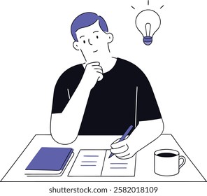 A man at a desk thinking, surrounded by notes and a light bulb symbolizing an idea.