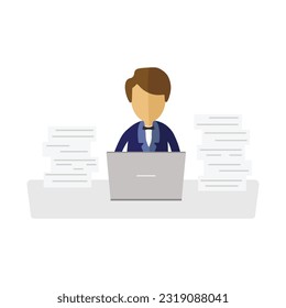 A man at a desk working at a computer in a pile of papers. Illustration on a white background of an office worker. A table with a bunch of papers
Vector illustration 10 eps. 
style of minimalism