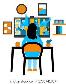 Man at desktop chatting with friends online. Worker using computer for collective virtual meeting and group video conference. Vector illustration for videoconference, remote work, technology concept.