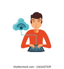 man with desktop computer and airplane paper