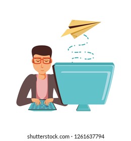 man with desktop computer and airplane paper