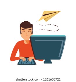man with desktop computer and airplane paper