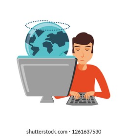 man with desktop computer and planet earth