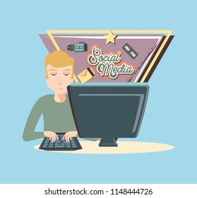 man with desktop social media icons
