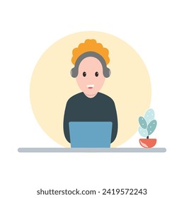 Man at desktop working with laptop Corporate worker Freelancer or office worker. Vector illustration in simple concept flat style