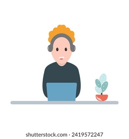 Man at desktop working with laptop Corporate worker Freelancer or office worker. Vector illustration in simple concept flat style