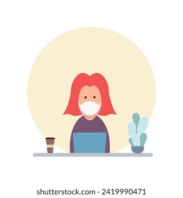 Man at desktop working with laptop Corporate worker Freelancer or office worker. Vector illustration in simple concept flat style