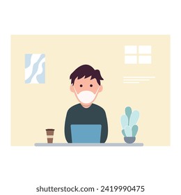 Man at desktop working with laptop Corporate worker Freelancer or office worker. Vector illustration in simple concept flat style