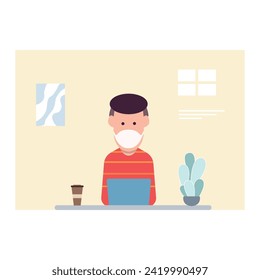 Man at desktop working with laptop Corporate worker Freelancer or office worker. Vector illustration in simple concept flat style