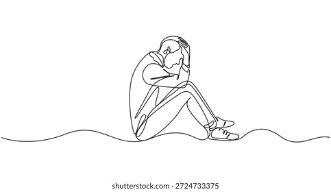 Hombre en desesperación Ilustración de arte de línea continua, Dibujo de línea continua de una persona que cubre la cara en peligro, Dibujo de línea continua de una persona que experimenta estrés o desesperación