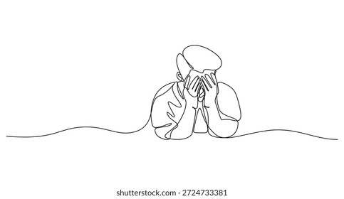 Hombre en desesperación Ilustración de arte de línea continua, Dibujo de línea continua de una persona que cubre la cara en peligro, Dibujo de línea continua de una persona que experimenta estrés o desesperación