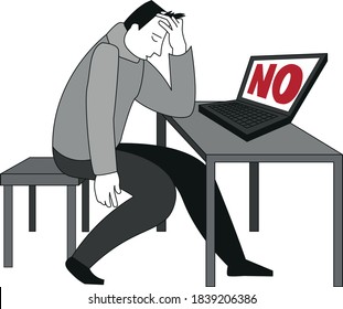hombre con depresión desesperada, la pantalla dice que no, desempleado
