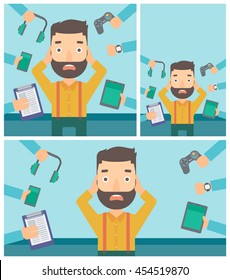 Hombre desesperado y muchas manos con artilugios a su alrededor. Joven rodeado de aparatos. Hombre usando muchos artilugios electrónicos. Ilustración de diseño plana vectorial. Diseño cuadrado, horizontal, vertical.