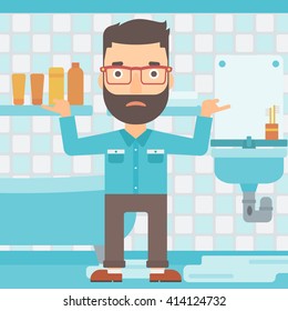 Man in despair standing near leaking sink.