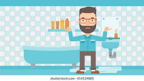 Man in despair standing near leaking sink.
