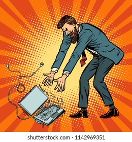 Man destroys laptop. Stress at work. Pop art retro vector illustration kitsch vintage