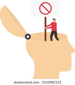 Um homem destrói um sinal de proibição de sua cabeça. Complexos humanos. Decluter sua mente, limpar seu cérebro para recuperar o foco melhorar a capacidade de pensamento criativo, liberar o conceito de memória. Ilustração vetorial

