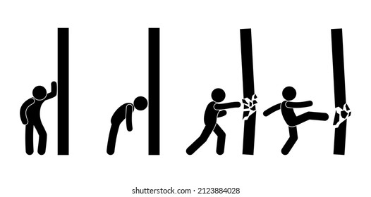 man destroys the wall, overcoming obstacles, stick figure people, isolated human silhouettes, icons set vector