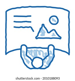 hombre con carteles detallados, símbolo vectorial del esbozo de la vista superior. Hombre de arte de la línea de doodle azul dibujado a mano con afiches detallados de la vista superior. ilustración de símbolo aislado