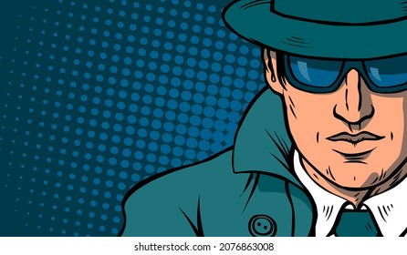 Man detective investigating. Dressed in a retro raincoat and hat. Wearing black glasses. Vector cartoon illustration pop art. Hand drawn outline