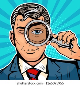 The man is a detective looking through magnifying glass search. Vector illustration in pop art retro comics style