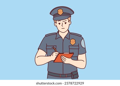 Man detective in police uniform takes notes in notebook and recording victims testimony. Guy police officer, issuing fine for driver who violated parking rules or exceeded speed of car.