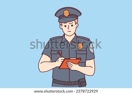 Man detective in police uniform takes notes in notebook and recording victims testimony. Guy police officer, issuing fine for driver who violated parking rules or exceeded speed of car.