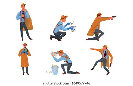 Man detective in traditional hat making private investigation vector illustration