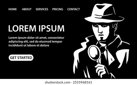 Man detective wearing a hat and a magnifying glass in his hand. Retro style. Search, investigation and evidence. Agent spy. Vector black and white illustration. Banner and website
