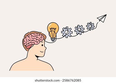 Man with developed intelligence demonstrates ability to generate idea and bring them to life. Light bulb turns into gear and plane, symbolizing creation of startup from idea in guy head