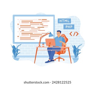 Hombre desarrollando aplicaciones móviles en la computadora. La pantalla muestra la codificación de secuencias de comandos informáticas. Concepto de diseño de APP. ilustración moderna de vector plano 