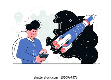 Man developing new start-up vector illustration. Successful launch of project. Guy in glasses controlling space rocket ship with remote control flat style concept