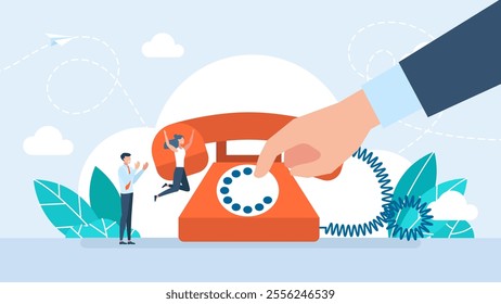 A man dials a number on a rotary dial on old red telephone. Vintage red phone. Retro telephone icon. Red phone icon isolated on a white background. Make a call. Vector illustration