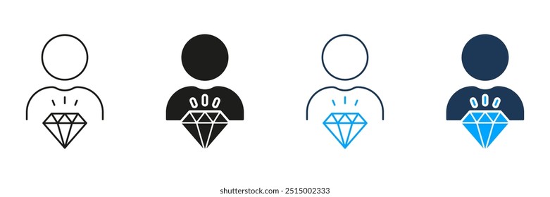 Man with Diamond, Corporate Ideology Line and Silhouette Icon Set. Employee Value Icon. Person is Core Values, Business Principles at Work. Editable Stroke. Isolated Vector Illustration.