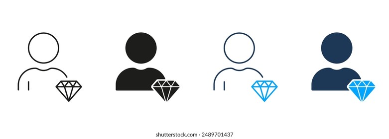 Man with Diamond, Employee Value Line and Silhouette Icon Set. Business Principles Symbol. Corporate Ideology Pictogram. Person is Core Values at Work Sign. Isolated Vector Illustration.