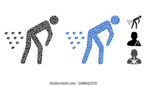 Man diarrhea composition of spheric dots in different sizes and color tinges, based on man diarrhea icon. Vector round dots are composed into blue composition.
