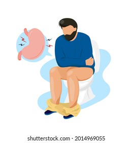 Menschen mit Durchfall oder Verstopfung, die auf einer Toilettenschüssel mit Magensymbol in einer Blase sitzen. Vektorgrafik mit flachen Zeichen. Einzeln auf weißem Hintergrund. Verdauungsprobleme des Systems.